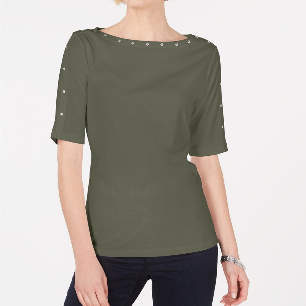 Stud embellished boat neck top size medium olive